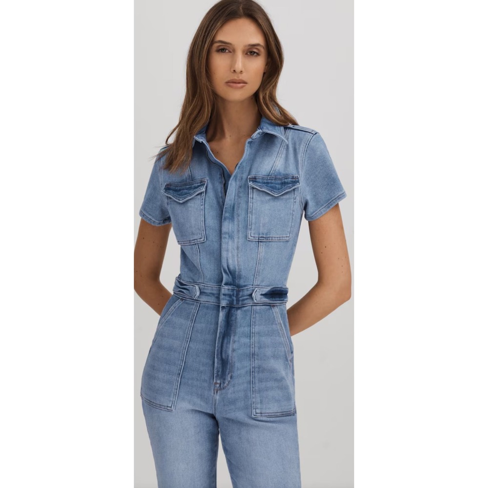 Good American Fit for Success Short Sleeve Denim Jumpsuit Blue Wash Size 1 S